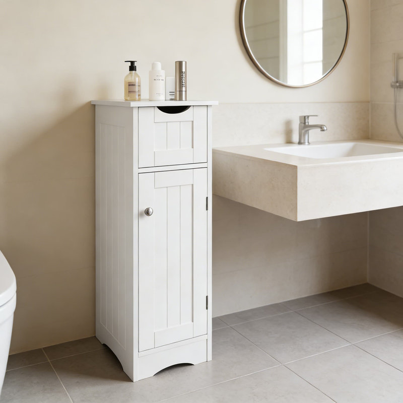 Armoire mince en bois transitionnel avec tiroir et tablettes, étagère de salle de bain étroite pour petits espaces, organisateur de meuble-lavabo mural avec poignée de miroir