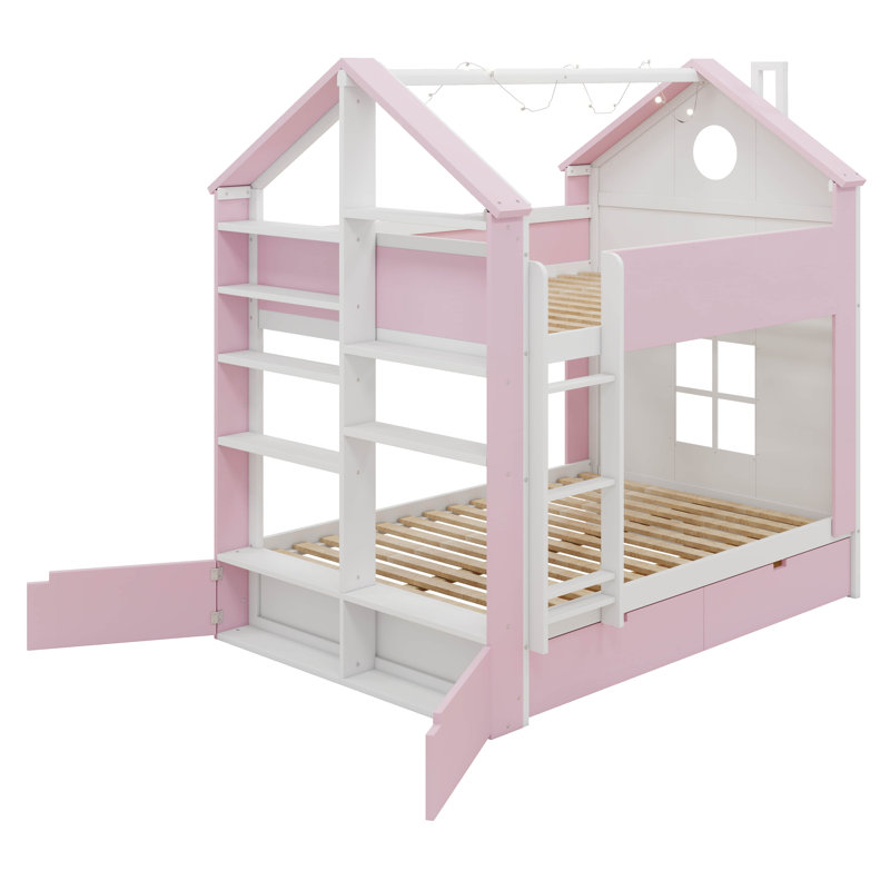 Lit superposé avec tiroirs de rangement, tablettes et bande lumineuse à DEL, lit superposé en bois moderne à deux tons