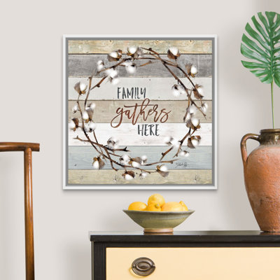 Reproduction d’art textuel sur toile, "Family rassemblements here" par Marla Rae