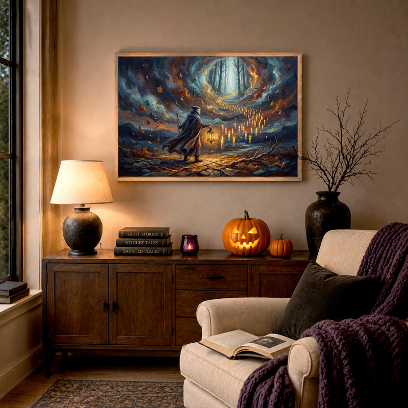 Art mural sur toile Cloake figure avec lanterne et chemin de bougie, H 24 po x l 36 po