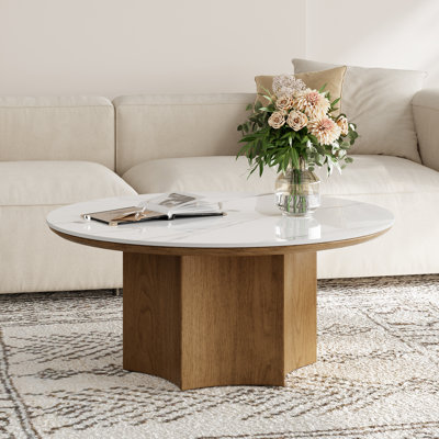 36'' Modern Coffee Table with Polygonal Wooden Base, Faux Marble Round White Coffee Table for Living Room, Office