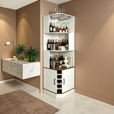 Armoire de bar d'angle haute, armoire à liqueur de 72,83 po avec porte-verres à vin, armoire de rangement pour le vin de style campagnard avec portes, bibliothèque décorative à 90 ° pour le salon