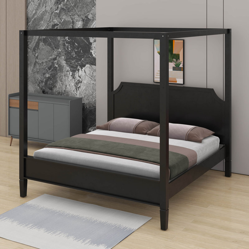 Lit plateforme à baldaquin en bois avec tête de lit et pieds de support, Black, King