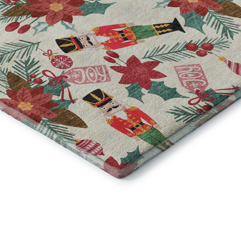 Premium Machine Washable Dockside AMF1822 Nutcracker and Poinsettia Rug, Rectangle 9' x 12'