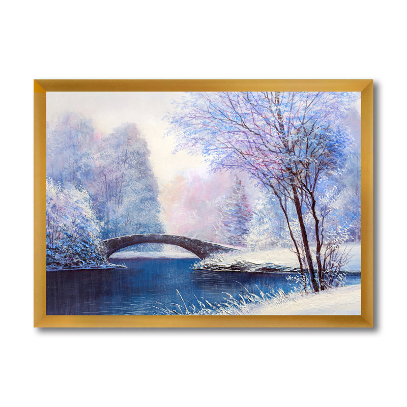 Paysage d'hiver avec pont de la rivière méandreuse III - reproduction sur toile, H 12 po x l 20 po x P 1,5 po