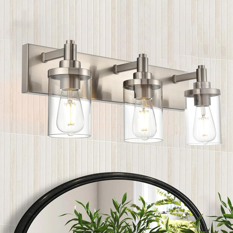Applique murale de meuble-lavabo moderne à 3 lumières avec abat-jour en verre transparent, finition nickel brossé industriel, base E26, idéale pour la salle de bain, la chambre à coucher, la cuisine et le couloir