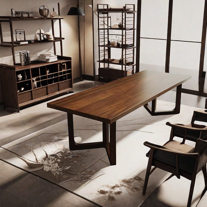 Roushey Walnut Rectangular Solid Wood Top with Solid Wood Base Dining Table, 29.53”H x 78.74”L x 31.5”W