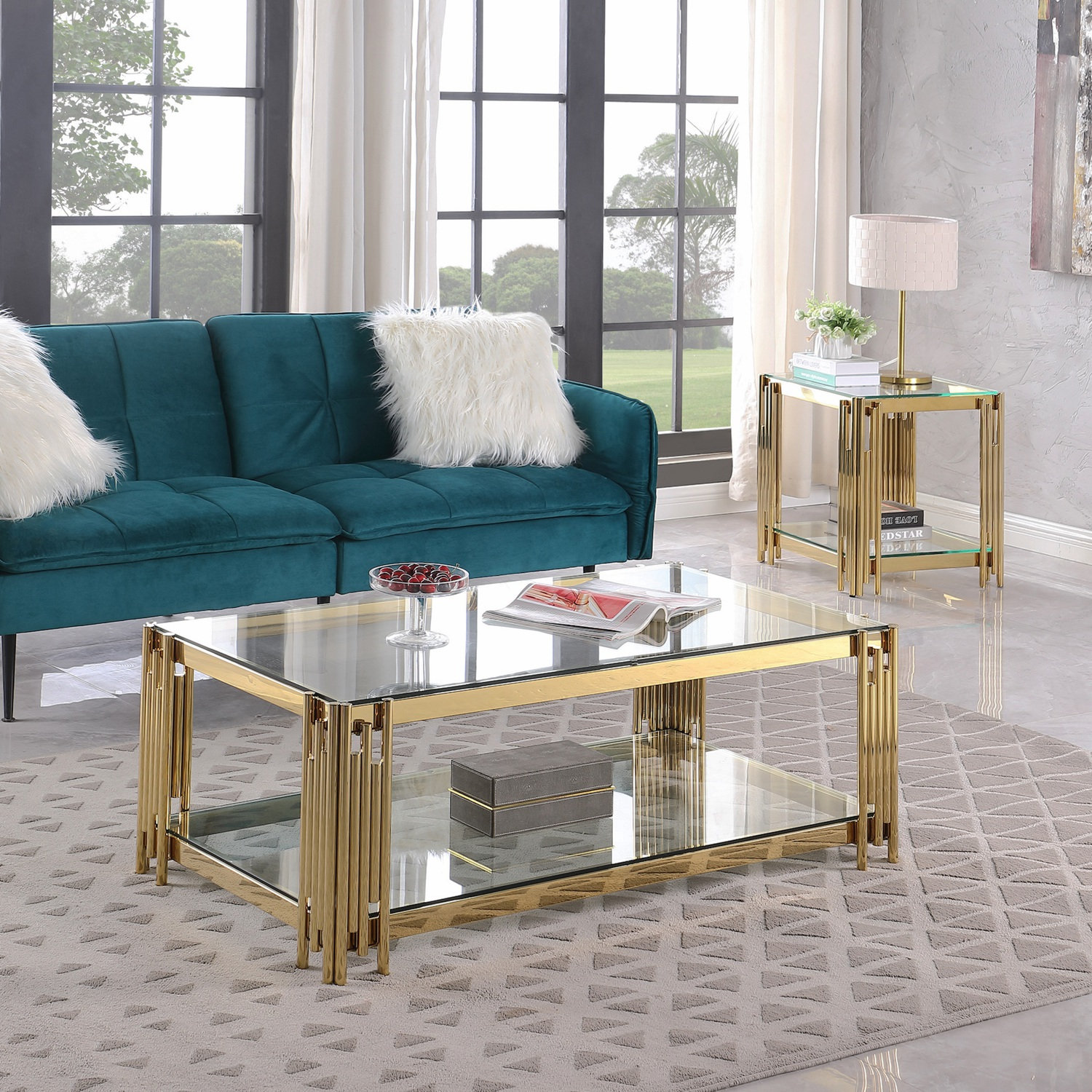 Everly Quinn Rectangular Coffee Table With Glass Top, Double-Layer ...