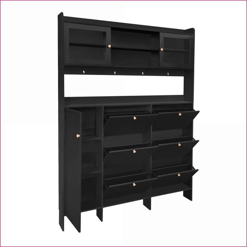 Hall Tree, Contemporary Shoe Cabinet with 6 Flip Drawers, 3 Cabinets &amp; Tempered Glass Doors | Black | Particle Board