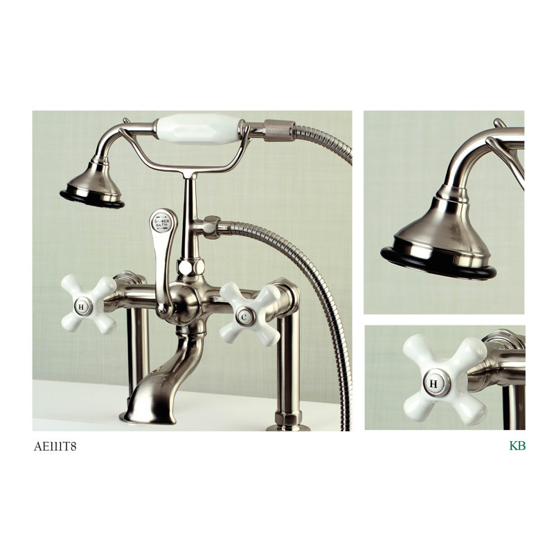 Kingston Brass Aqua Vintage Three-Handle 2-Hole Deck Mount Clawfoot Tub Faucet with Hand Shower, Brushed Nickel