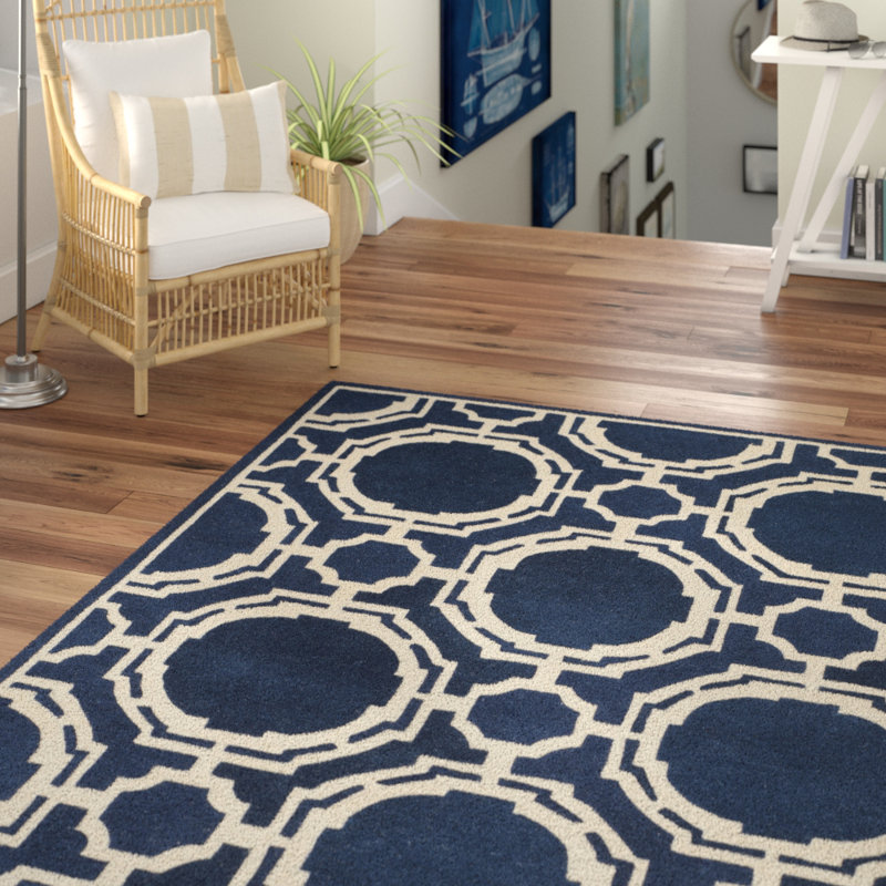 Moraine Hand-Tufted Wool Dark Blue/Ivory Area Rug, Rectangle 6' x 9'
