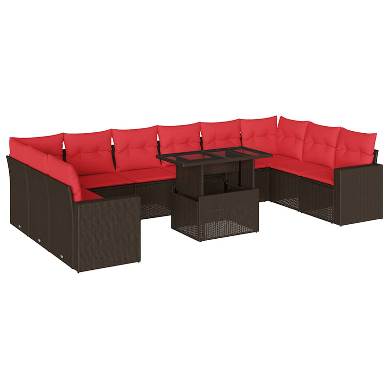Ensemble de canapé de patio 11 pièces avec coussins en rotin de polyester, Rouge, Brun