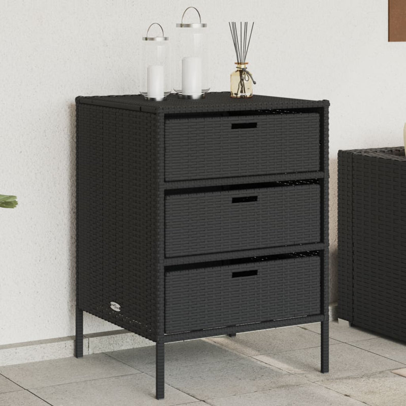 vidaXL Outdoor Storage Box 50 Gal Deck Box PE Rattan with Water-Resistant Bag, Black 21.7"x23.2"x31.5" Storage Cabinet with 3 Drawers for Cushions & Equipment