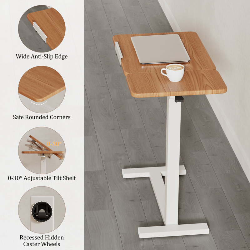 24.2“ Solid Wood Height Adjustable Overbed End Table with Tilt Top, C-Shaped Mobile Bedside Desk for Living Room Bedroom, Tan