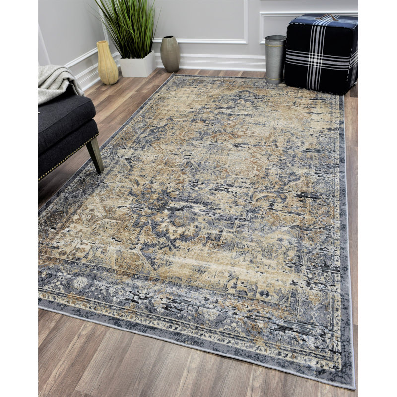 Blue and Beige Abstract Synthetic Runner Rug, 2'3" x 8'