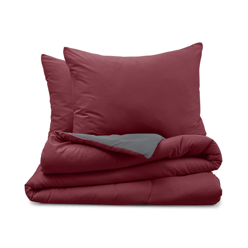Martex Solid Color Reversible Comforter and Sham Bedding Set Super Soft Brushed Fabric, Burgundy/Grey