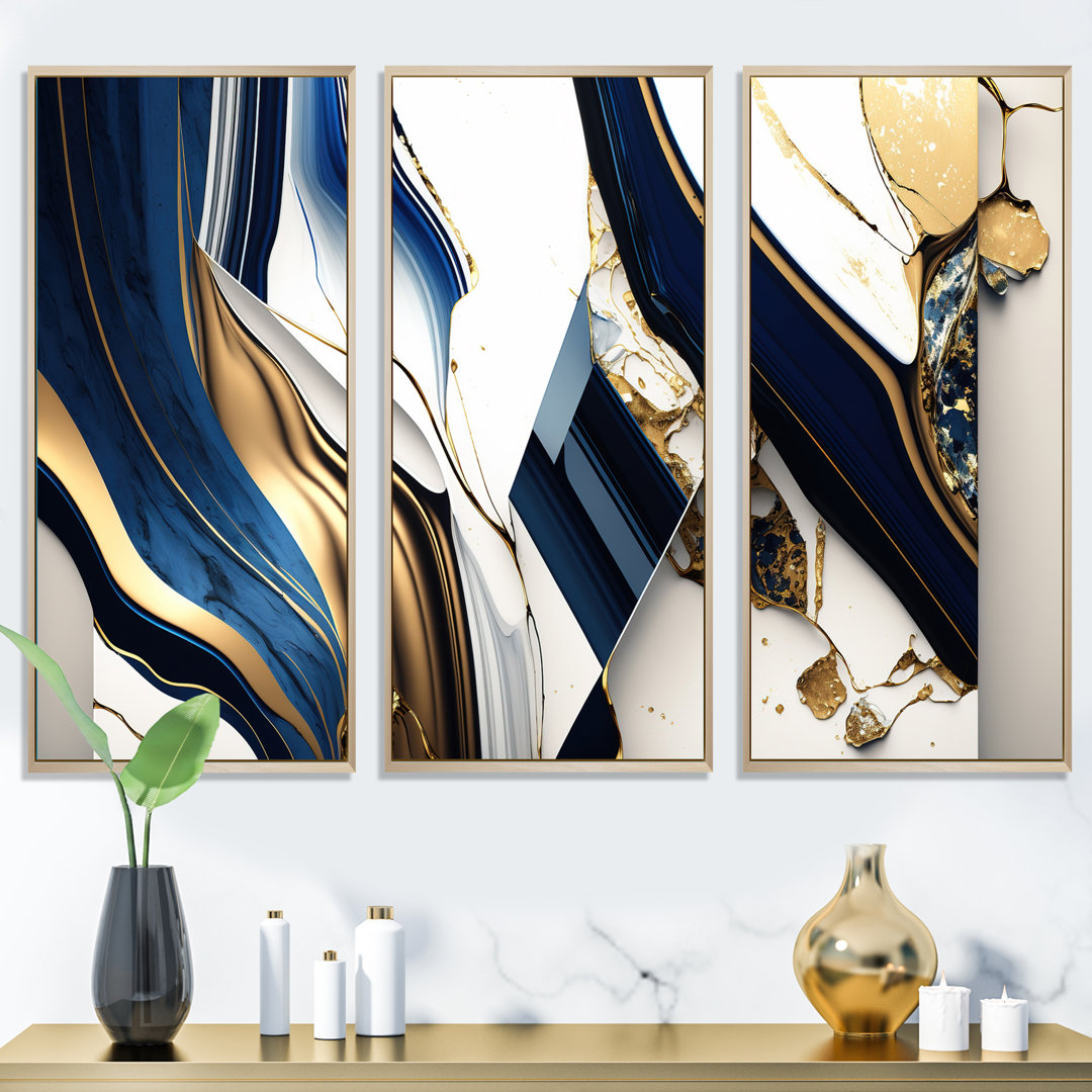 " Abstract Geode Geometric Blue V " 3 - Pieces Design Art 