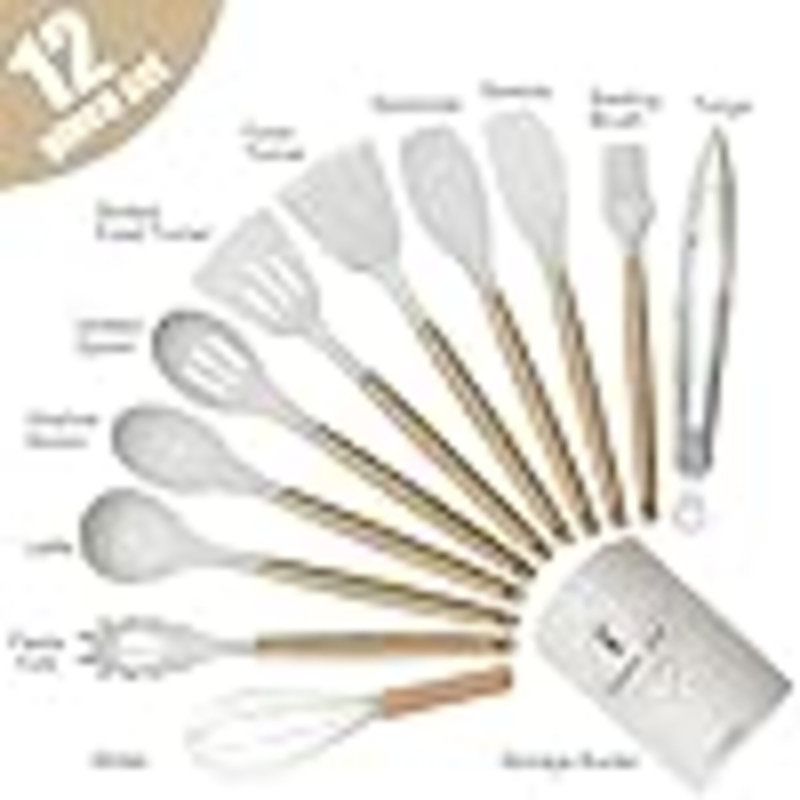 Kitchen Utensils Set Of 12, Silicone Cooking Utensils With Non-Slip Wooden Handle And Organizer Bucket, 446°F Heat Resistant Cookware Utensils Set