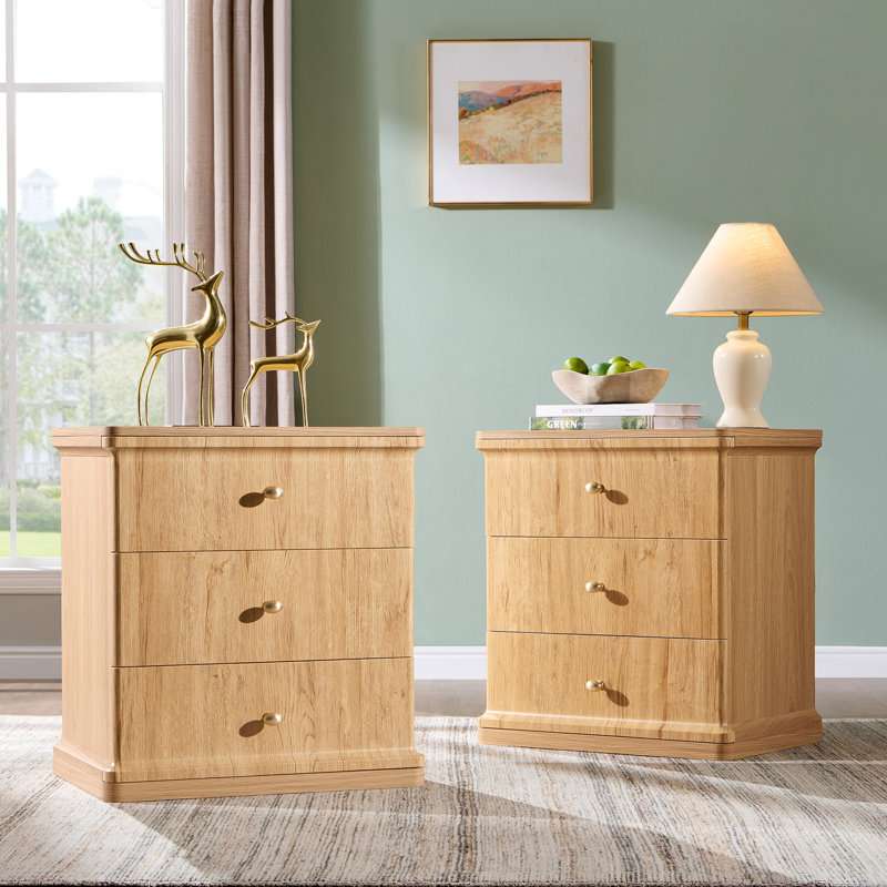 Ensemble de 2 tables de bout modernes de 23,6 po Abarca, table de chevet en bois avec station de charge et 3 tiroirs de rangement, table de conception en cascade courbée, table de bout pour étude, salon, naturel