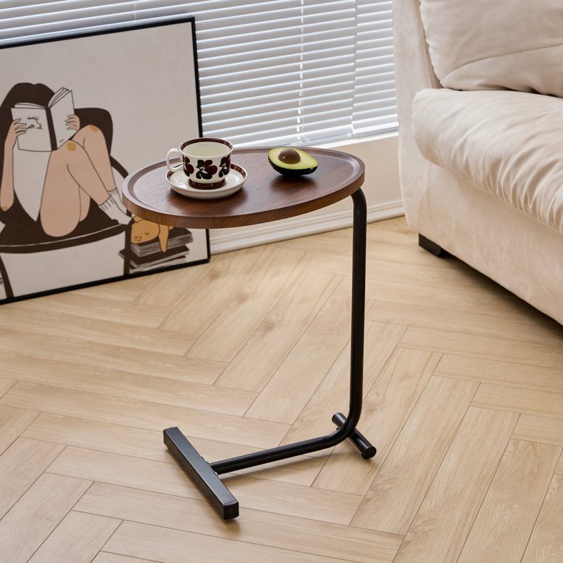 C Shaped End Table, Side Table for Couch and Bed, Brown Top/Black Base