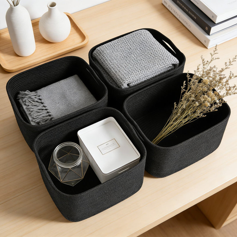 Cotton Rope Storage Baskets, 4-Pack Rectangular Organizer Bins For Shelves, Foldable Multi-Purpose Storage For Toys, Books, Clothes, And Home Organization