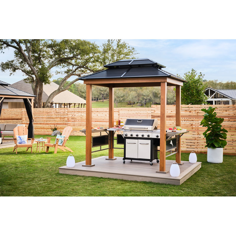 Sojag BBQ Maui 6' x 8' Outdoor Hardtop Grill Gazebo for Backyard or Patio, Heavy-Duty Galvanized Steel Double Roof Gazebo, Wood Grain Finish