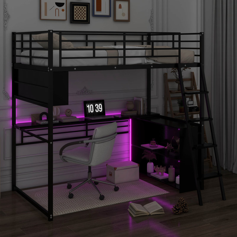 Metal Loft Bed With LED, Desk And Storage Shelves, Full