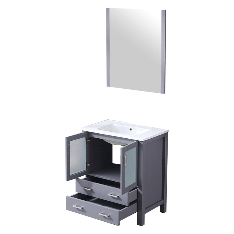 30 po W pour meuble-lavabo gris foncé, profondeur 18,25 po, surface en céramique blanche, miroir mural à fixation ovale 28 po, porte d'armoire à fermeture douce, salle de bain large à deux tiroirs, comptoir, fonction de fermeture, une avec