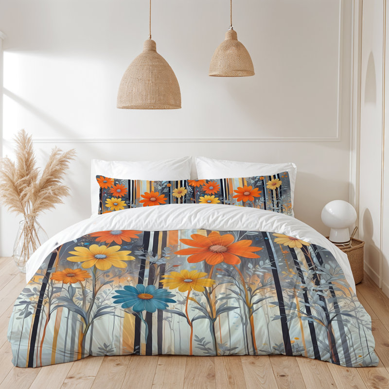 Microfiber Comforter Set, King Comforter + 2 King Shams, Blue/Orange Floral
