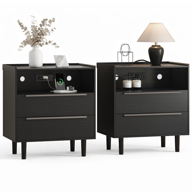 Modern Industrial Nightstand with Charging Station, 2 Drawers and Open Shelf, Set of 2, Black