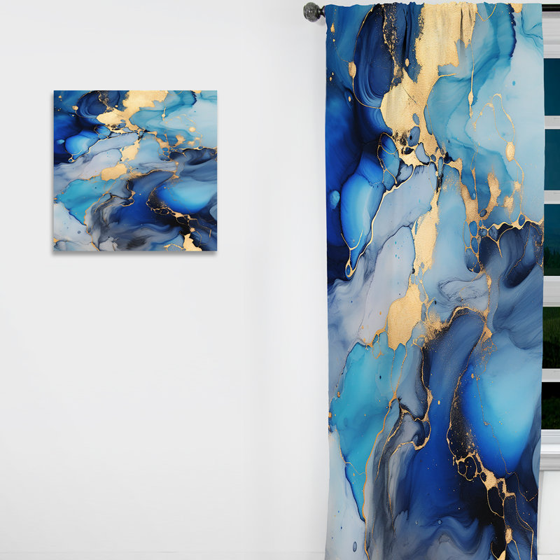 Panneau de rideau abstrait, art fluide or bleu, obscurcissement - bleu et or, art abstrait fluide de luxe II