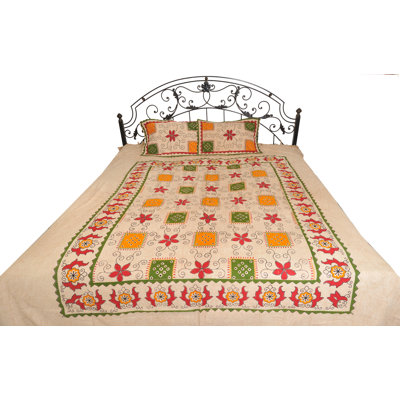 Pilkhuwa "Bleached Sand" Floral Cotton Sheet Set – Hand-Printed Artisan Bedding (Queen/Double)