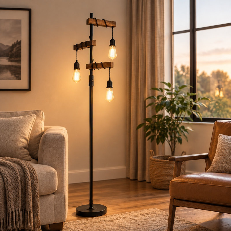 Lampadaire industriel en bois noir et naturel de 173 cm (68 po) avec trois lumières et variateur