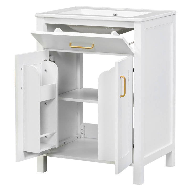 Meuble-lavabo double moderne de 48 pouces avec éviers en céramique, conception à fermeture douce, tablette réglable et poignées dorées élégantes pour le rangement