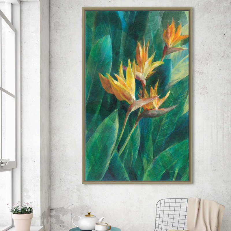 Oiseau du paradis I - Peinture, Cadre flottant champagne, H 43,5 po x l 27,5 po x P 2 po
