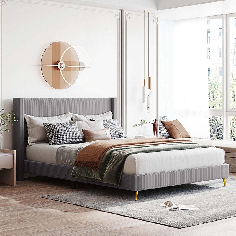 Grand lit plateforme tapissier Daventry, Gris 1