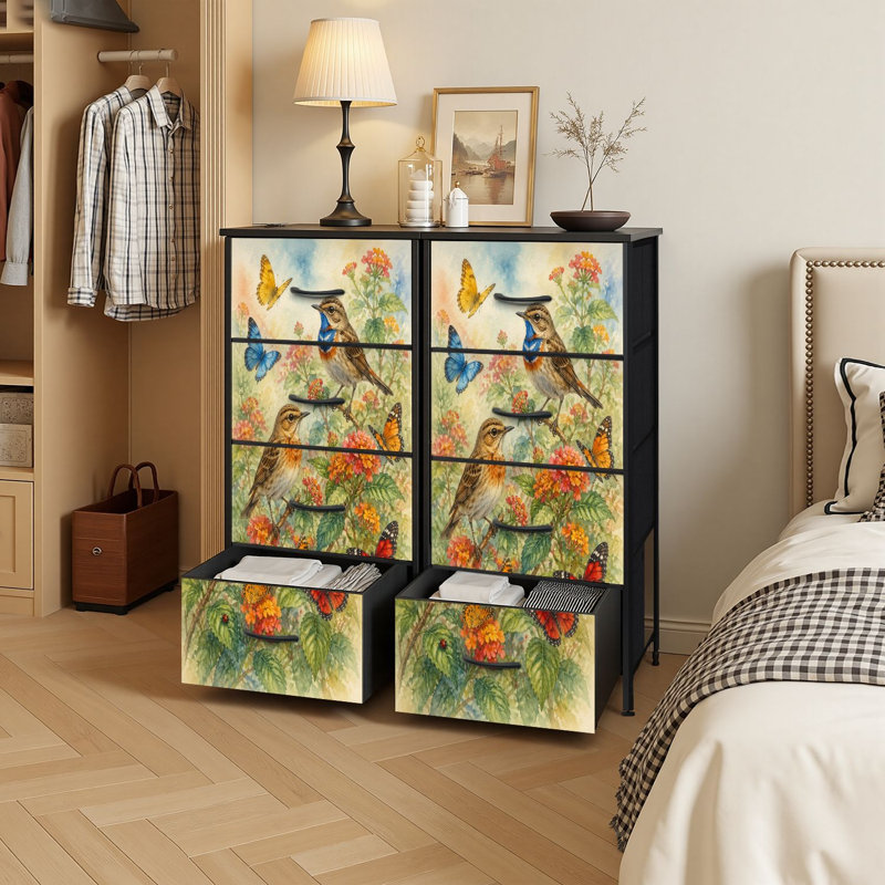 Commode de rangement verticale à 4 tiroirs avec oiseaux et papillons