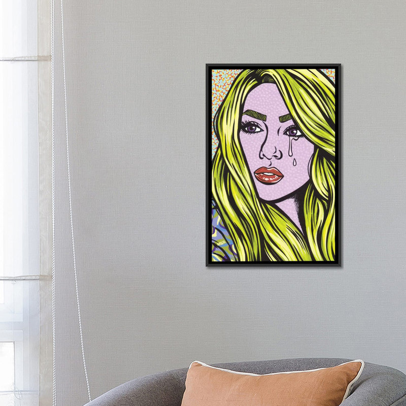 «Blonde Crying Comic Girl», impression sur toile, H 26 po x l 18 po x P 1,5 po, Toile avec cadre noir, Pas de tapis