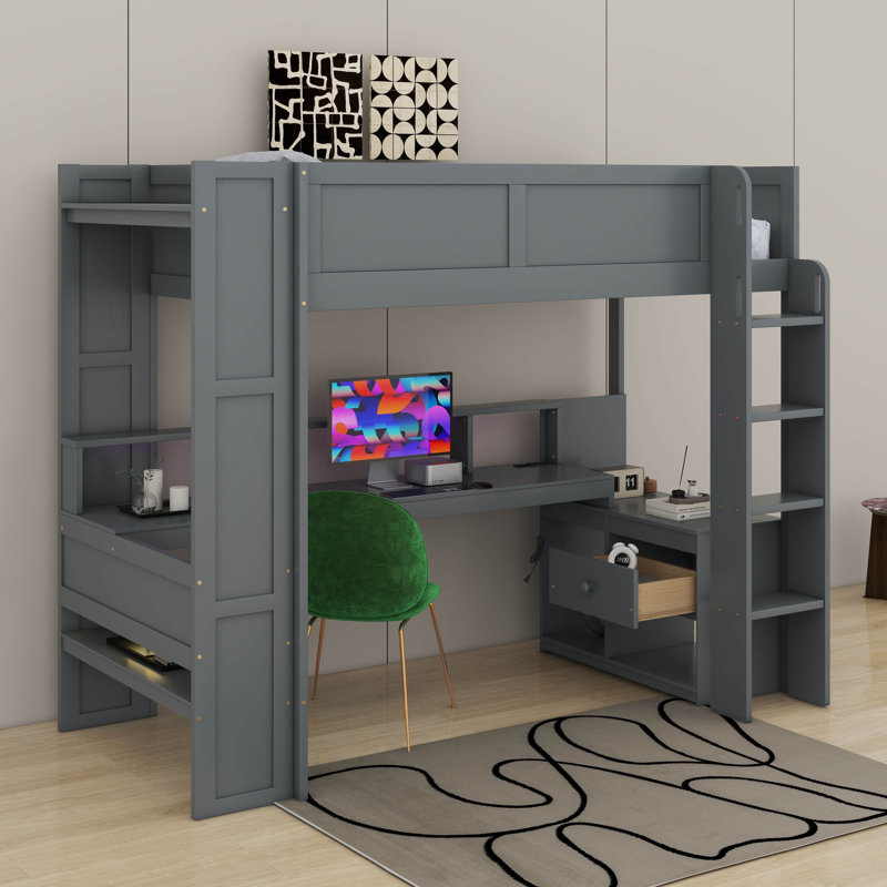 Lit mezzanine avec bureau Gaming, tablettes multi-rangements, DEL et station de charge, Lit simple