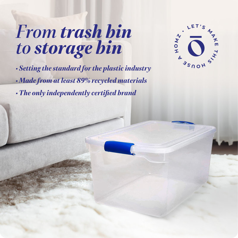 Homz Storage Organizing Container Bin with Latching Lids, 66 qt., 4, Blue/Clear