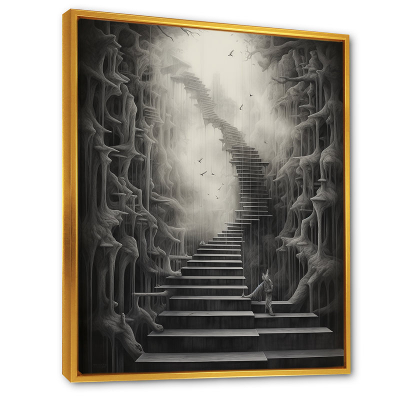 Reproduction sur toile grise surréaliste grise III, Cadre flottant doré, H 44 po x l 34 po x P 1,5 po