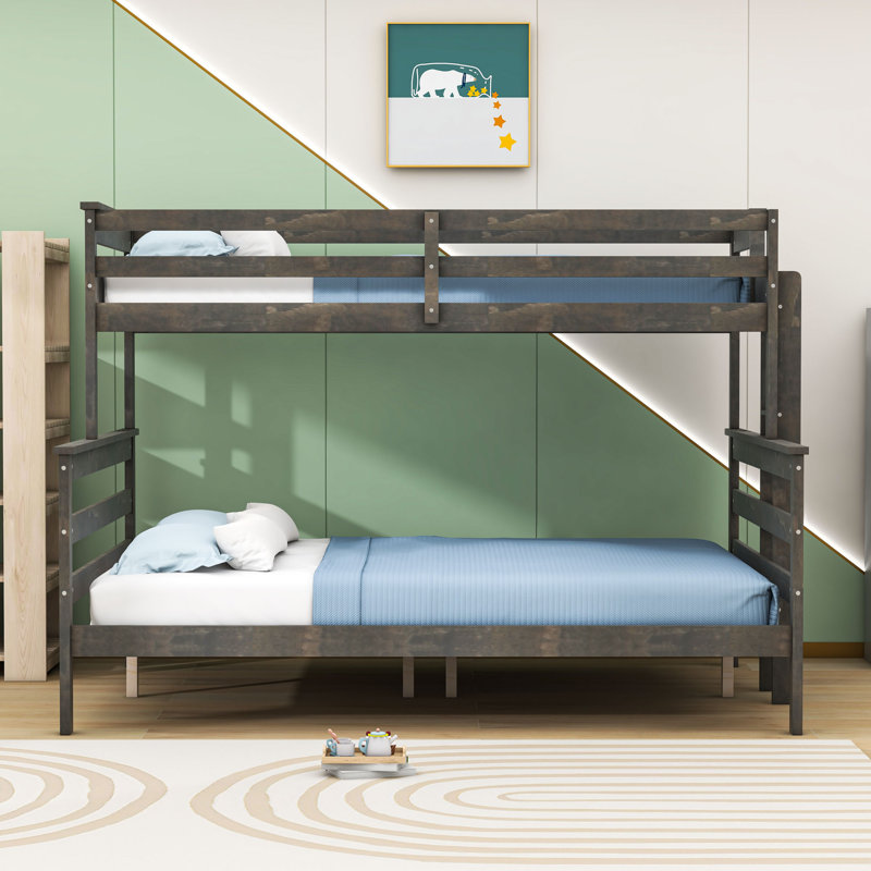 Twin XL Over Queen Bunk Bed With Ladder & Guardrails, Detachable Design, Gray