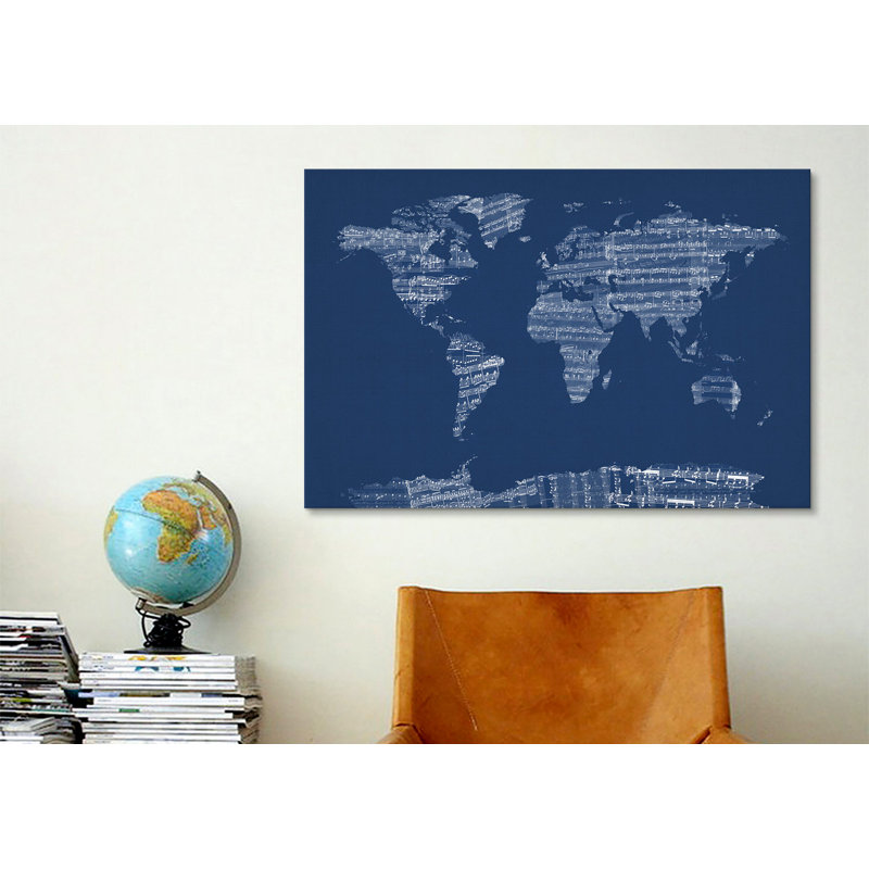 « world map sheet music » par michael tompsett, impression sur toile bleue, H 12 po x l 18 po x P 1,5 po, Toile tendue