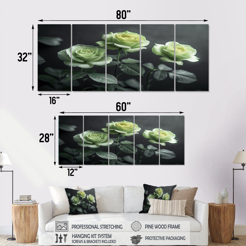 Nirvana blanc blanc et vert, ensemble d'art mural sur toile roses, H 32 po x l 80 po