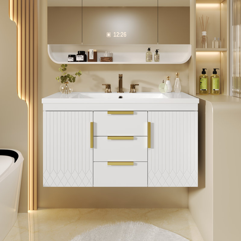 Meuble-lavabo mural avec lavabo, meuble-lavabo flottant avec 2 tiroirs,, Blanc