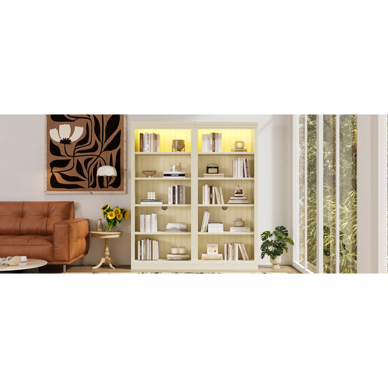 83" Tall Wood Bookcase Suite With Light Strip ,5-Tier Decor Bookcase Suite With Adjustable Shelves,Storage Organizer,Free Standing Storage Shelves Suite For Living Room,Home Office,Beige 