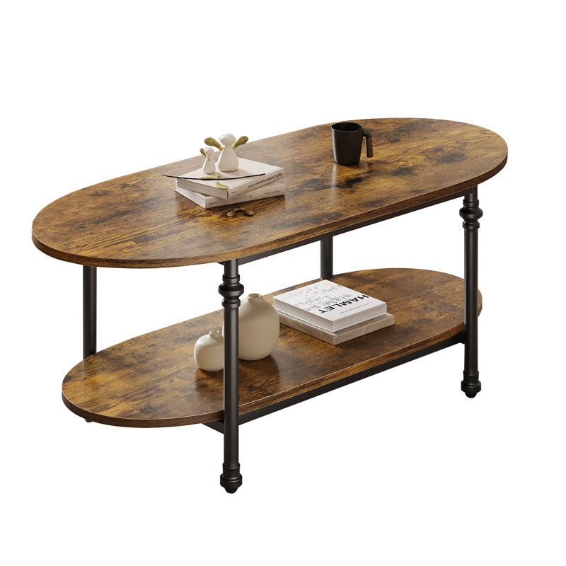 Oval Coffee Table in Wood and Metal - 2-Tier Center Table with Open Storage for Living Room