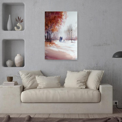 «Couple's Autumn Stroll Peaceful Romantic Serene Dog Autumn Landscape», reproduction d'art mural