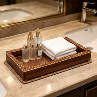 Bathroom Counter Organizer Tray, Wooden Vanity Tray with Beaded Edge, Farmhouse Decorative Stand for Toilet Tank, Candle, Sink, Kitchen, Coffee Bar