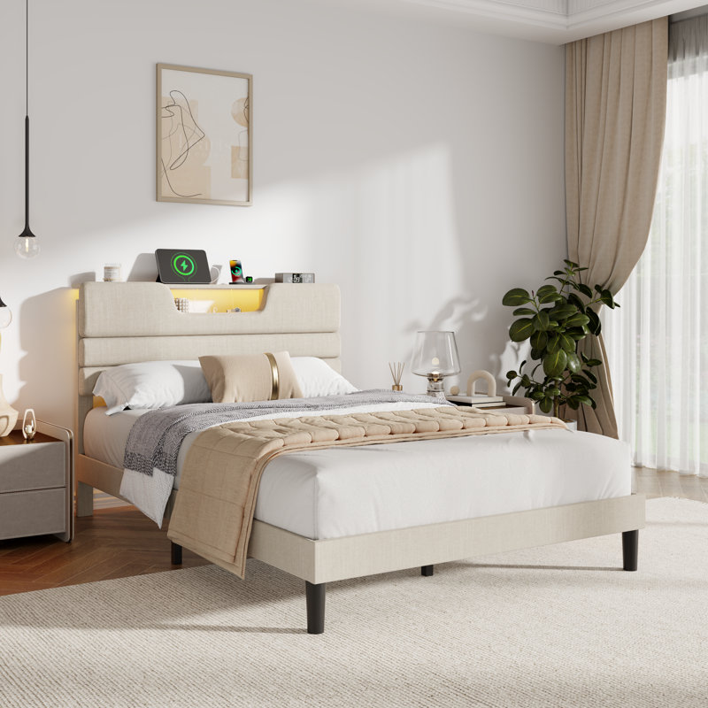 Bed Frame With Charging Station, Led Lights, Upholstered Headboard, Full, Beige